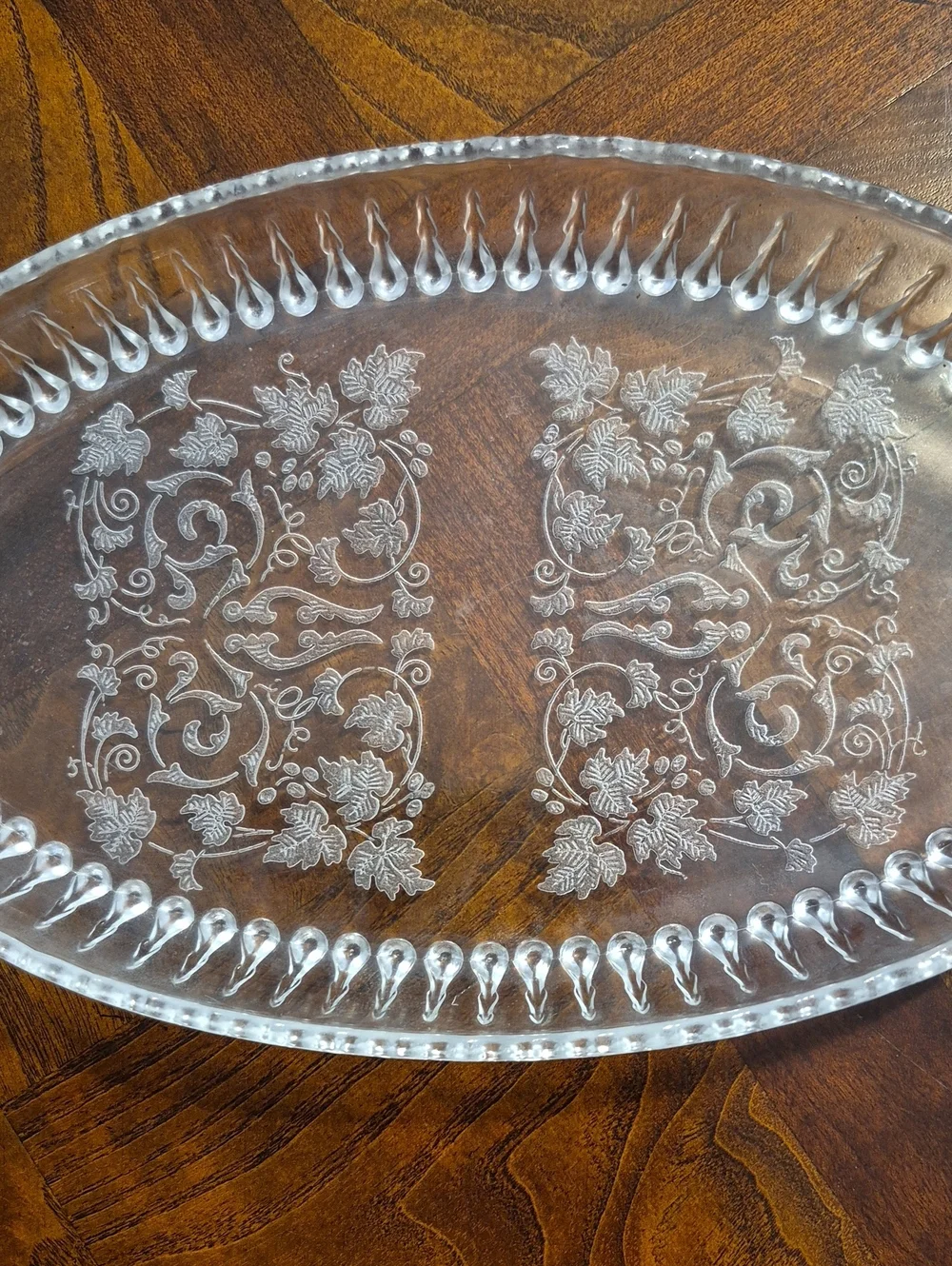 Vintage, 1930's Martinville Clear Glass Serving Tray with Floral Etching - Clear